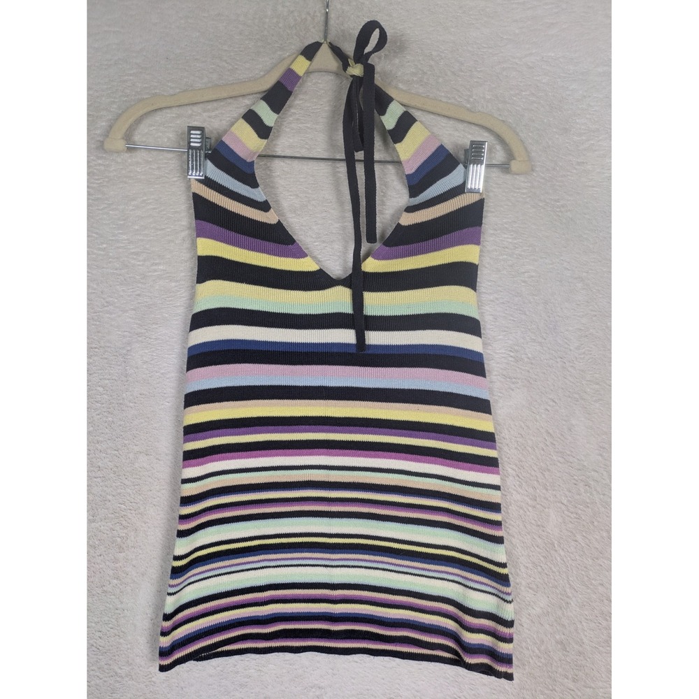 Gap Halter Top Women's M Multicolor Striped Ribbed Knit V-Neck Open Back Tie